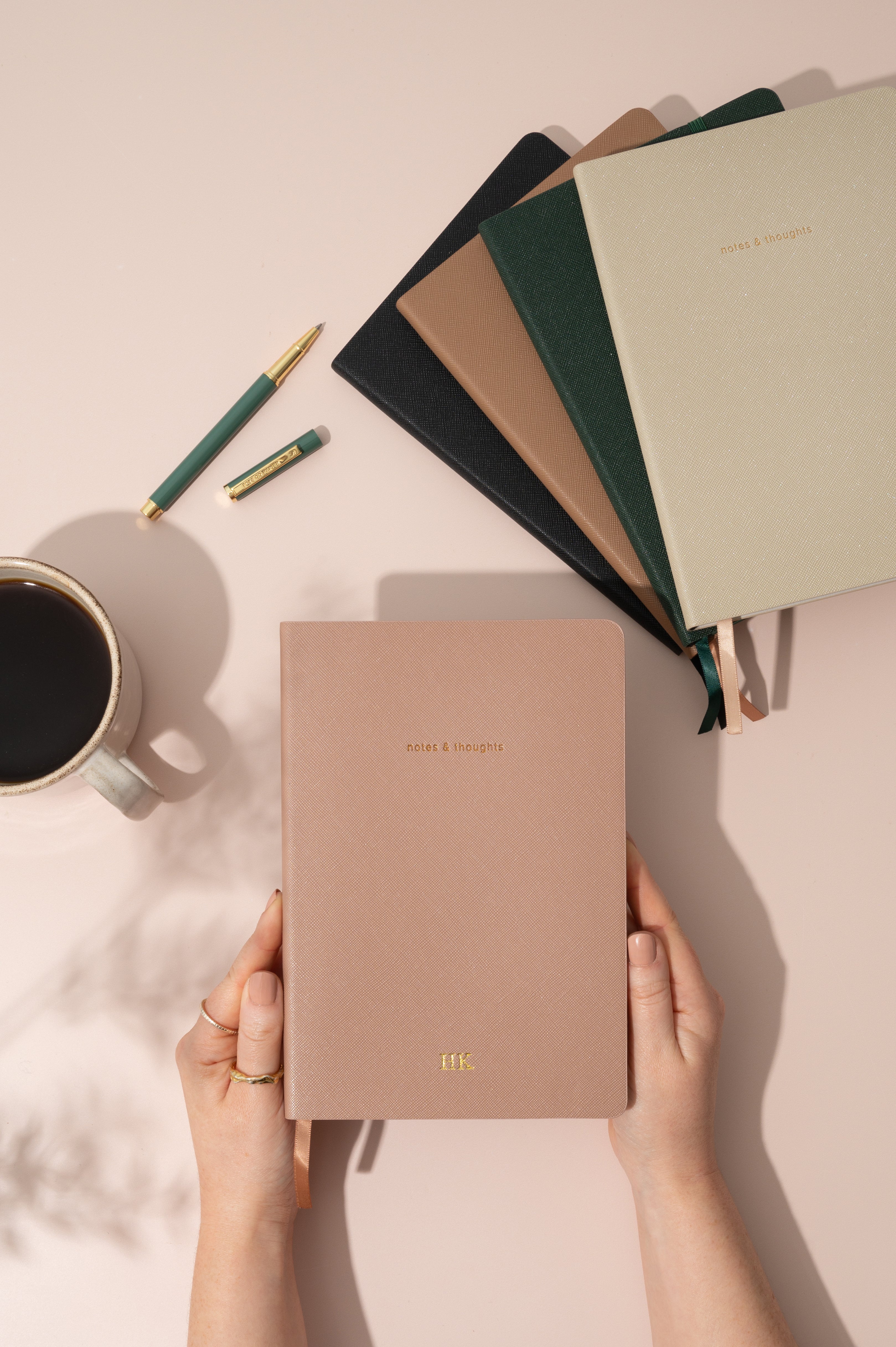 notes and thoughts Lined Journal -Blank Cover journal - dusty pink , beige , black. forest green, brown, taupe Personalised Lined journal
