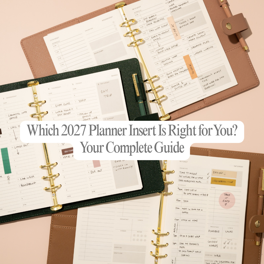 2027 A5 planner inserts by Faye Co Papier featuring daily productivity, vertical weekly, dated daily and monthly planning layouts