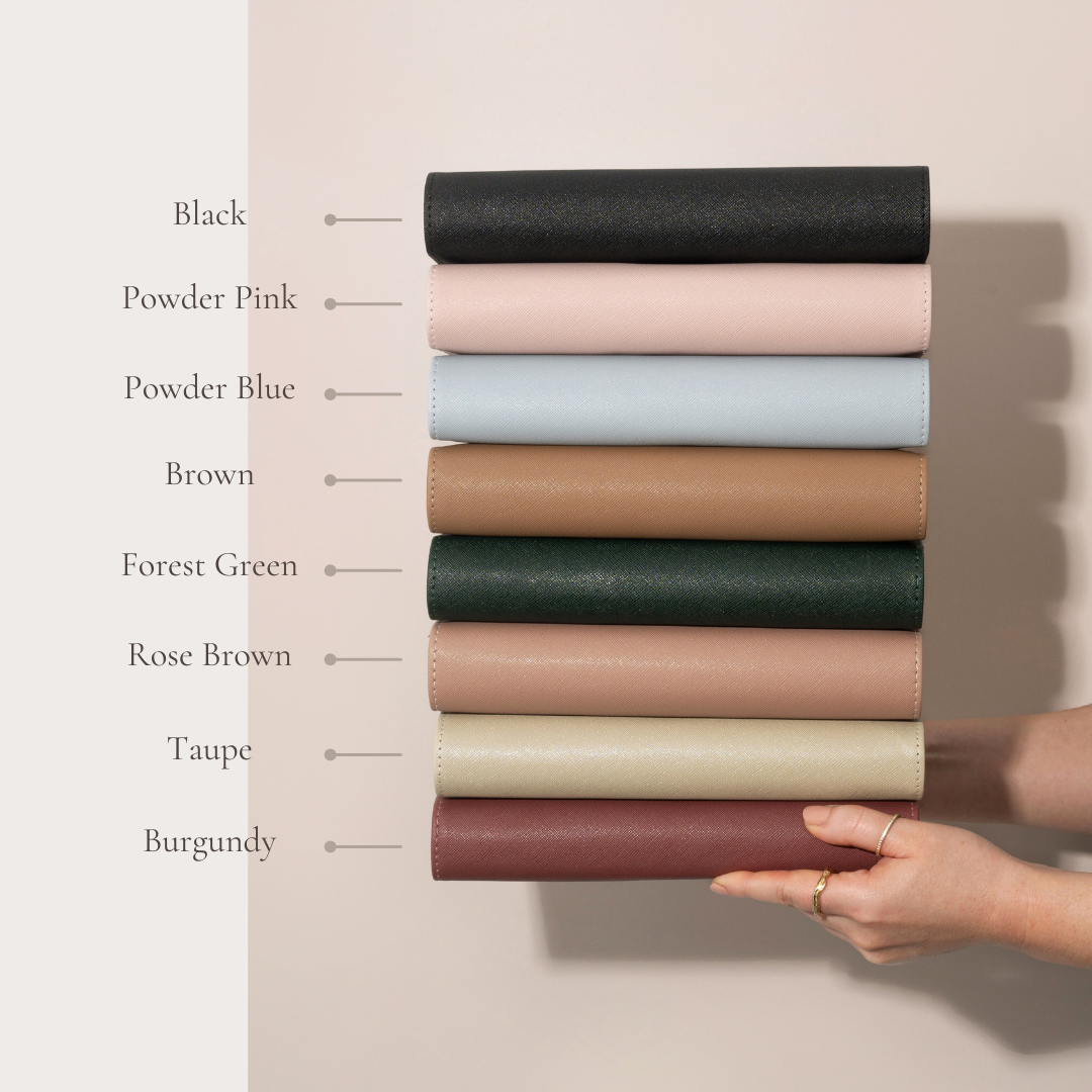 Personalised A5 Ring binders in black, burgundy , taupe, pink, blue, forest green and brown