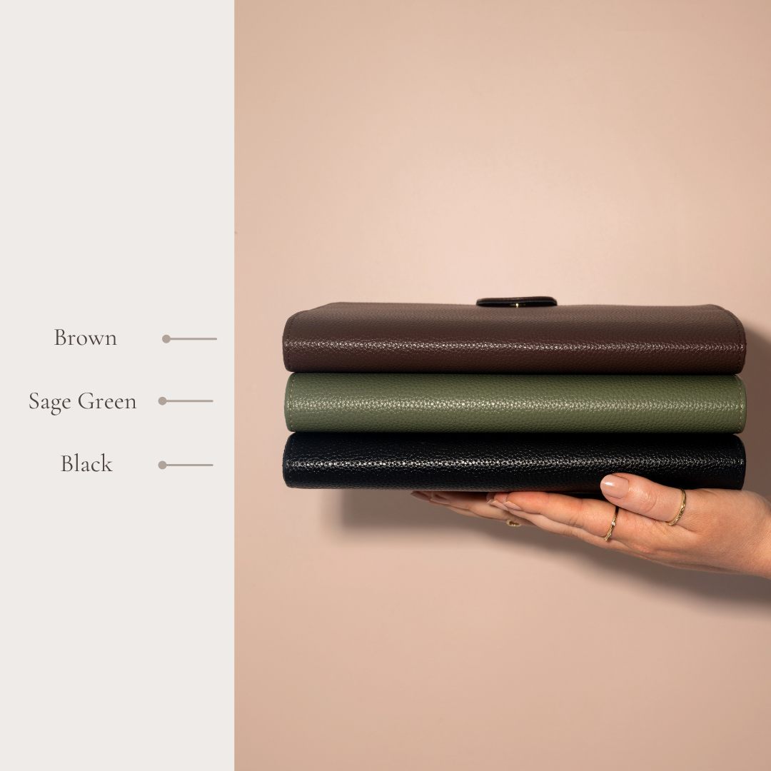 Folio planner cover in brown, sage green, and black colours
