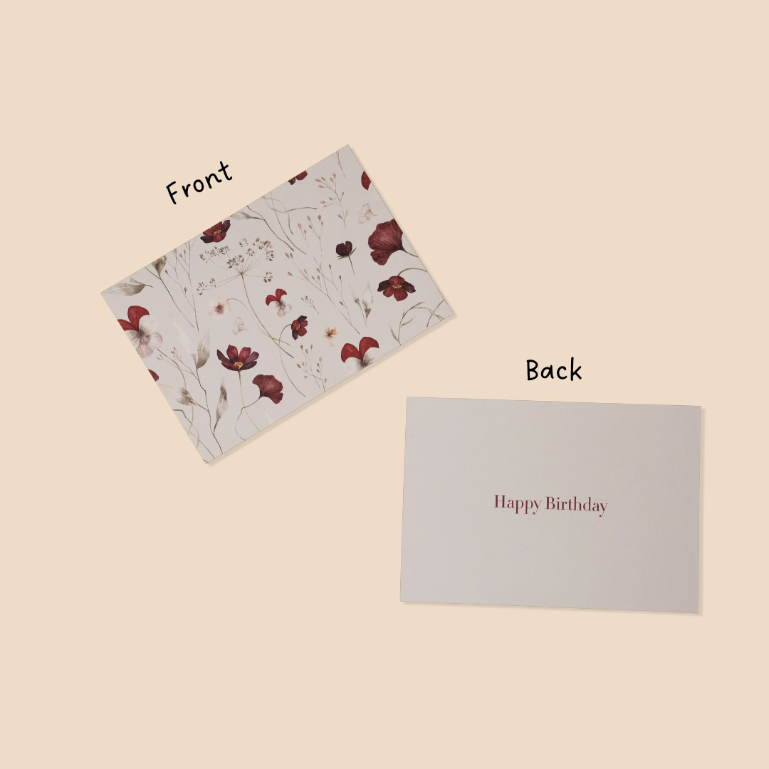 Floral card on beige background with 'Happy Birthday' text