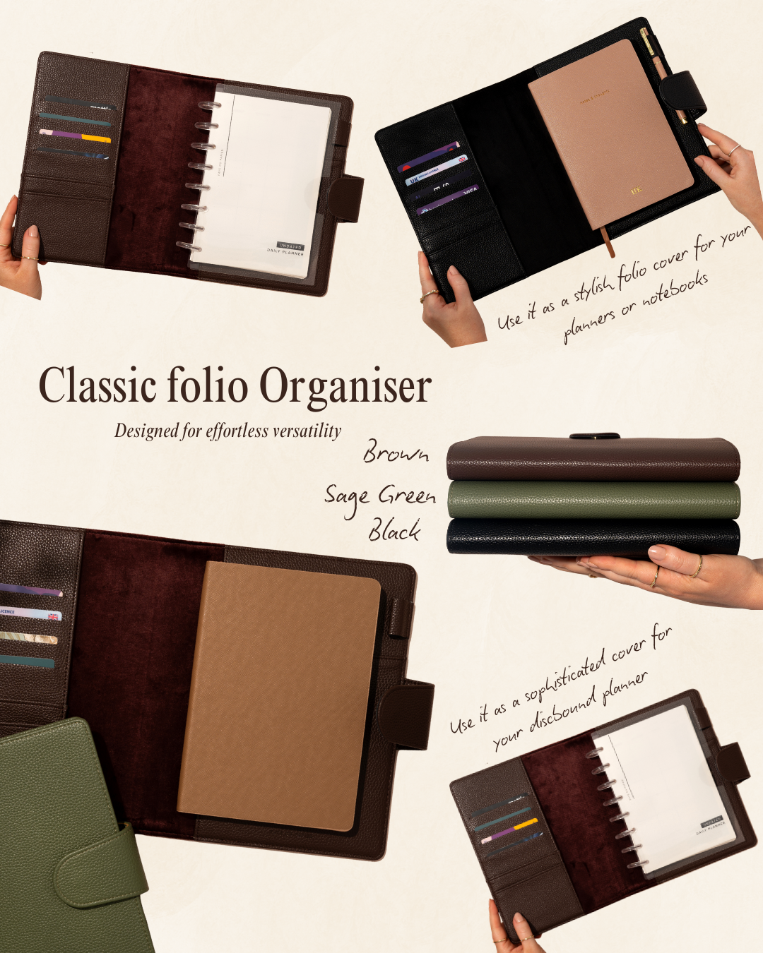Classic folio organizer in brown, sage green, and black