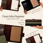 Classic folio organizer in brown, sage green, and black