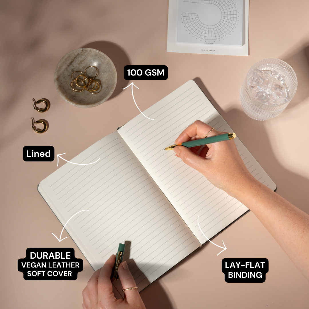 Personalised classic lined notebook with text highlighting features like 100 GSM paper, lined pages, durable vegan leather cover, and lay-flat binding.