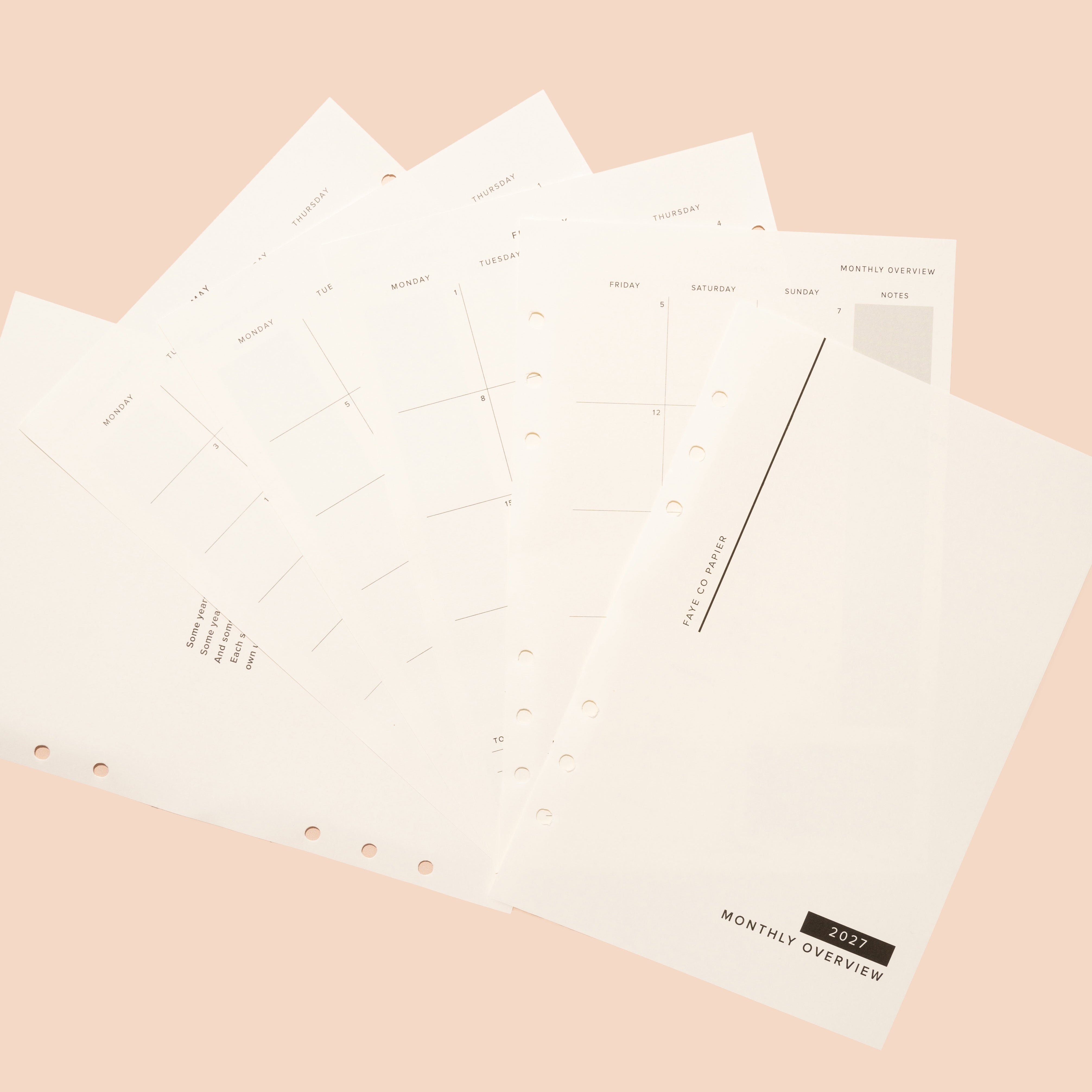 2027 monthly calendar overview insert refills A5