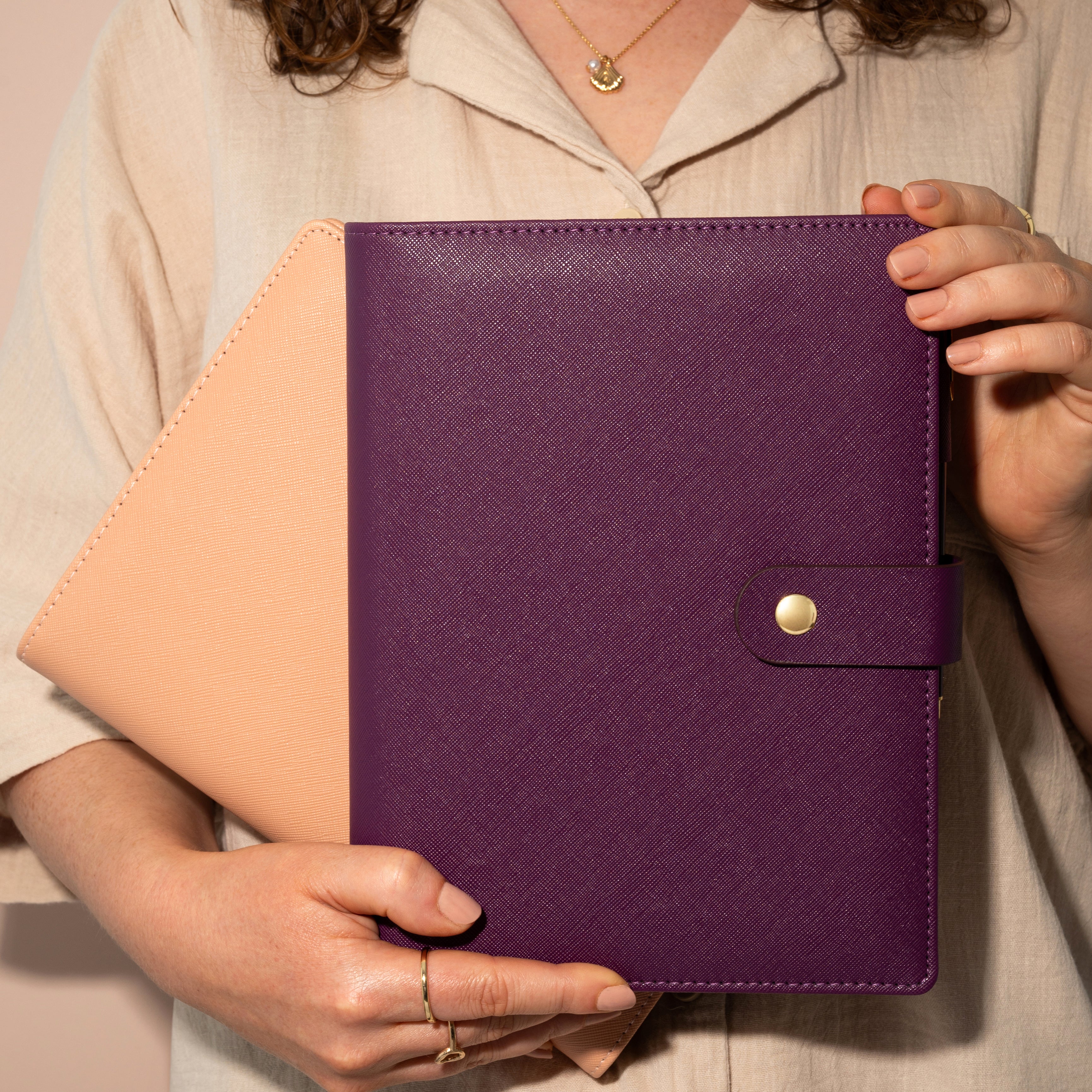 Purple and coral A5 Ring binder leather planner covers 