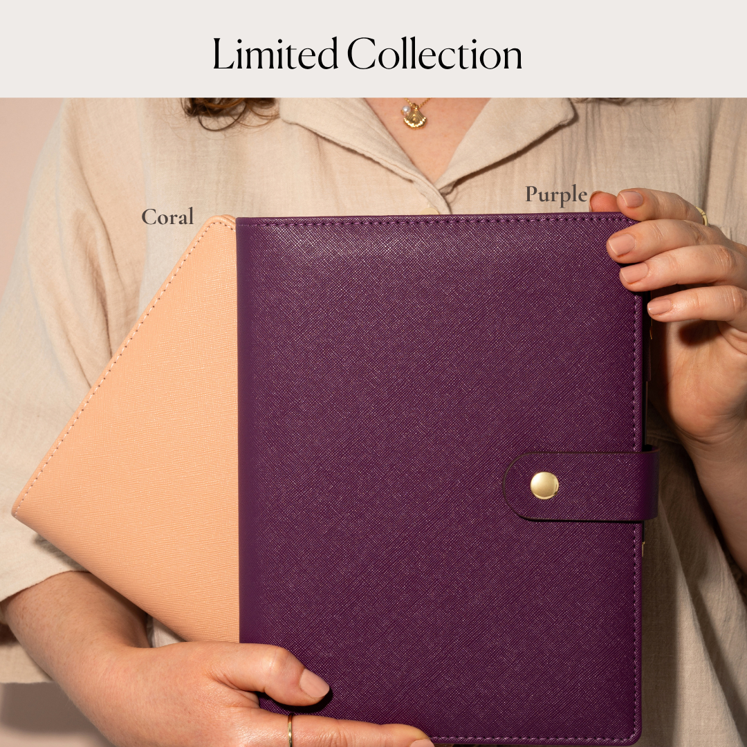 Purple and coral A5 Ring binder leather planner covers 