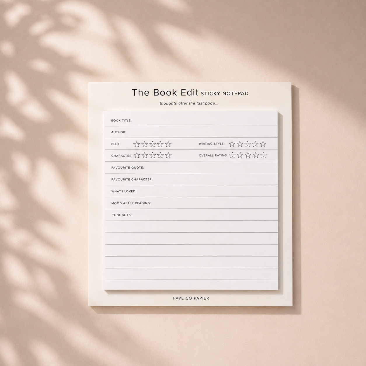 The Book Edit book review sticky notepad for recording book ratings, favourite quotes, characters, reflections and reading notes.