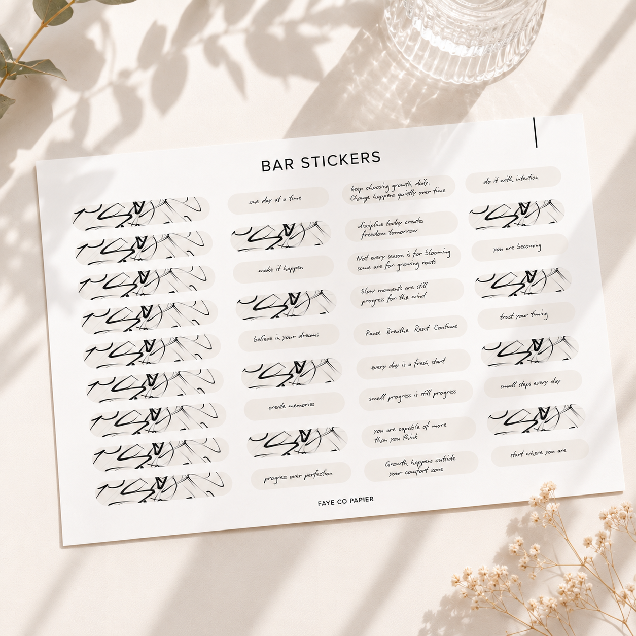 Bar Planner Sticker sheet featuring functional planner stickers for quotes, timelines, reminders, and important notes. Ideal for planners, journals, notebooks, and stationery organisation.
