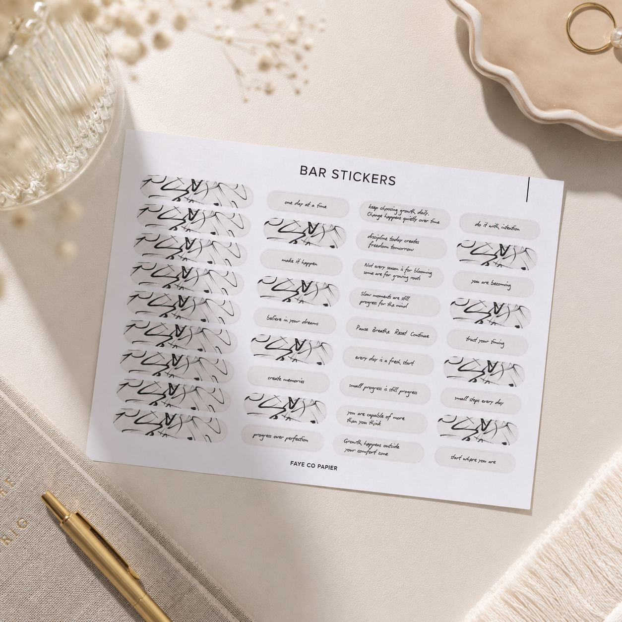 Bar Planner Sticker sheet featuring functional planner stickers for quotes, timelines, reminders, and important notes. Ideal for planners, journals, notebooks, and stationery organisation.