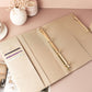 Open taupe A4 agenda ring binder organiser with card slots and gold rings