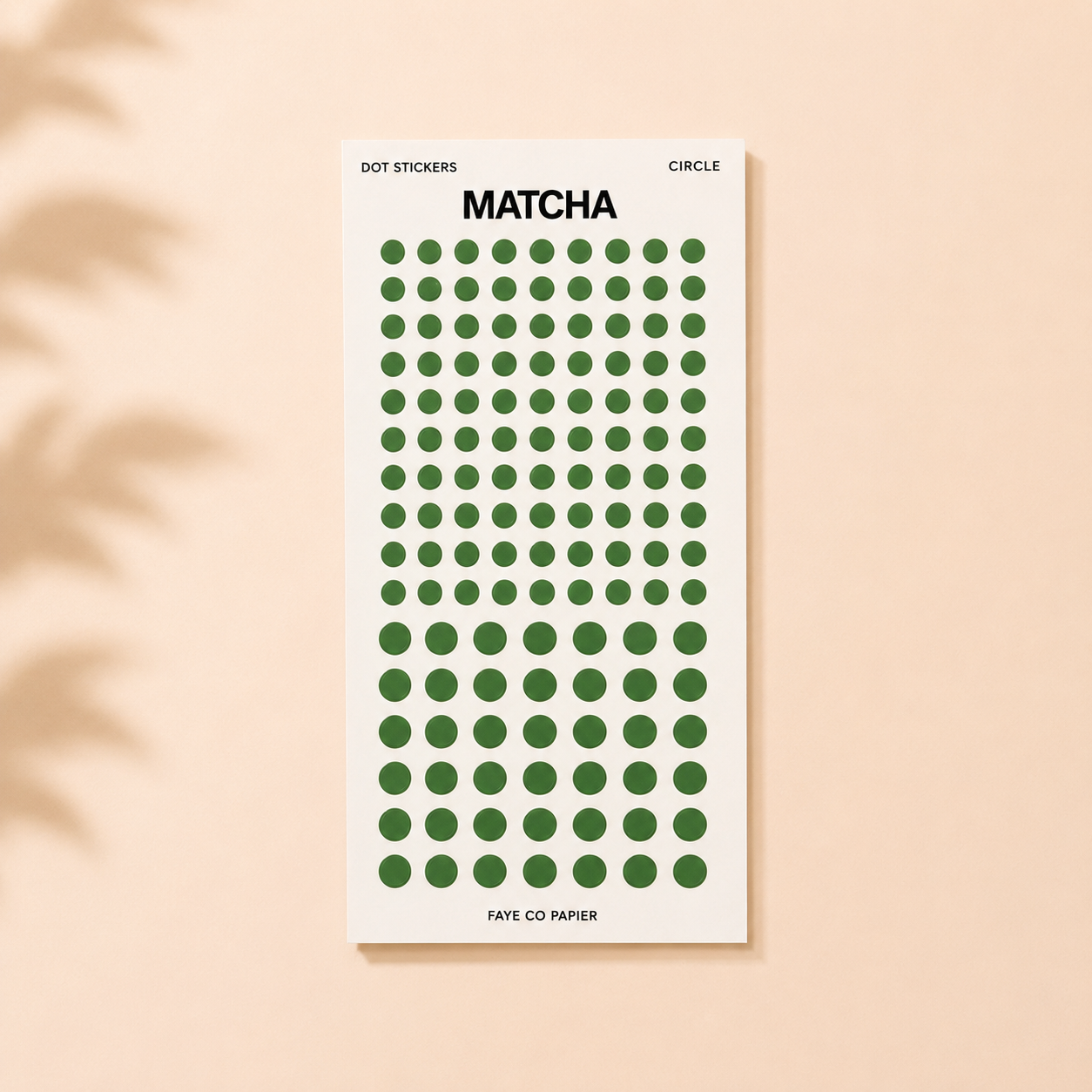 A sheet of Faye Co Papier matcha circle dot stickers, featuring a grid of green dots |Transparent Nano Dot Planner Stickers – Minimal Functional Dots