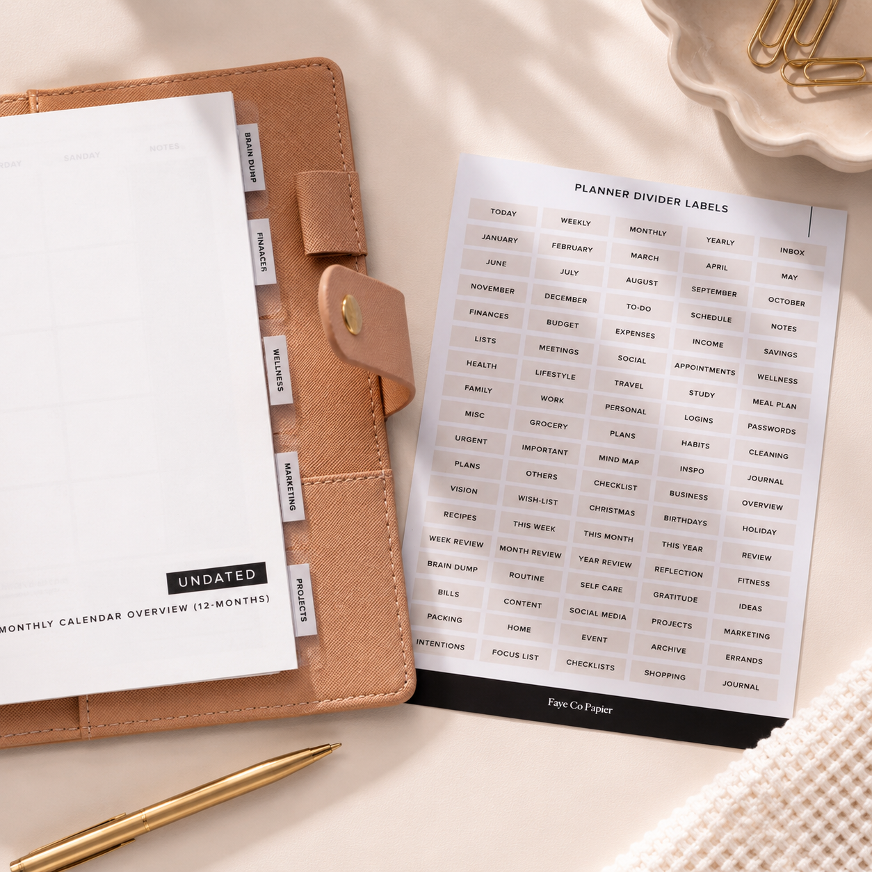 Minimal A5 planner divider labels on a beige background for organising planner tabs, journals, notebooks and ring binder inserts.
