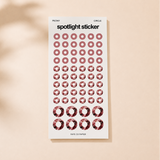 A sheet of circular spotlight stickers in a dusty rose color, labeled 'spotlight sticker' with 'PEONY' and 'CIRCLE' at the top and 'FATE CO PAPER' at the bottom,